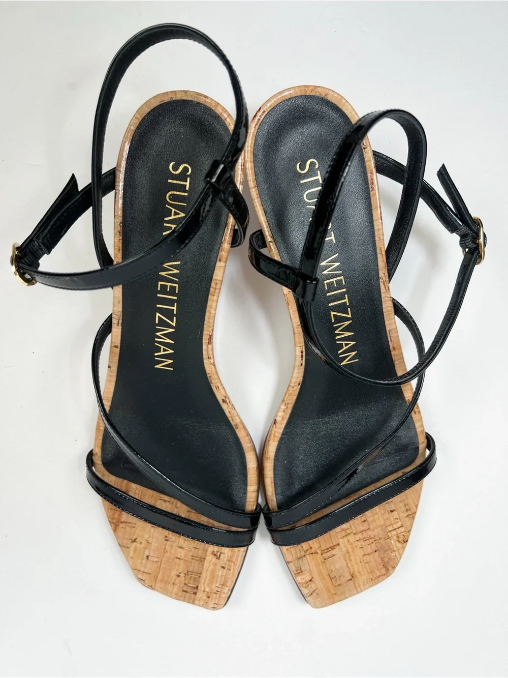 Stuart Weitzman Oasis 50 Wedge Sandal Black Patent Leather Cork size 6.5B